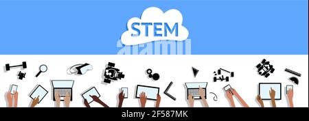 STEM Banner Wissenschaft Technologie Technik Mathematik Geräte Tablets Cloud und Hands Draufsicht gruppiert und geschichtet Stock Vektor