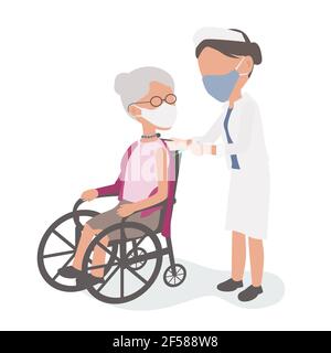 Ältere Frau im Rollstuhl erhält einen Covid-Impfstoff von einem Arzt oder einer Krankenschwester mit Spritze. Impfungen von schutzbedürftigen Menschen. PSA maskiert die Coronavirus-Pandemie Stock Vektor
