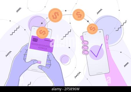 Menschliche Hände senden Dollar-Münzen über Smartphones online Geldtransfer Zahlungsfinanztransaktionen Konzept Stock Vektor