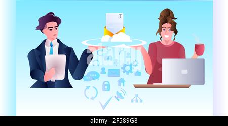 Geschäftsleute, die digitale Gadgets verwenden, Social-Media-Kommunikationskonzept Porträt Stock Vektor