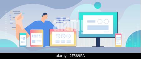 Geschäftsmann überwacht Informationen auf verschiedenen Geräten Adaptive Responsive Web-Design Anwendungsentwicklung Stock Vektor