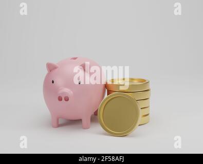Rosa Sparschwein und goldene Münzen stapeln auf weißem Hintergrund. Geld sparen und Finanzplanung Konzept. 3D Rendern. Stockfoto