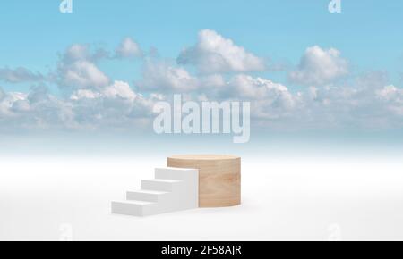 Holz Zylinder Podium gegen weiße Leiter über dem blauen Himmel Wolke Hintergrund. 3D Rendern Stockfoto
