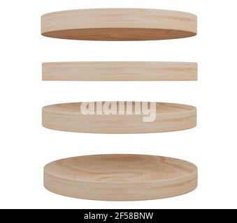 3D Rendern. Satz von Holz Kreis Regal isoliert auf weißem Hintergrund. Objekt mit Beschneidungspfad. Stockfoto