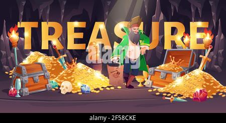Treasure Cartoon Banner mit Piraten in Höhlengold Stock Vektor
