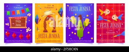 Festa Junina Cartoon Flyer Party Einladungskarten Stock Vektor