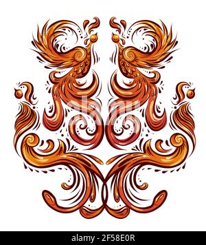 Buntes Vogelmuster mit gewellten Schwänzen und Flügeln. Symmetrische Dekoration in orange Farbe. Vintage gewellte Tier Ornament. Phönixe und Pfauen. Vec Stock Vektor