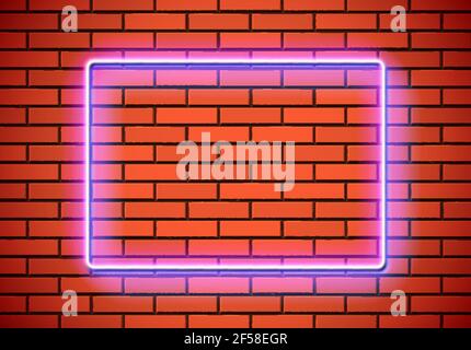Neonrahmen mit quadratischer Form an der roten Ziegelwand. Klassisches rechteckiges 80s gestyltes glänzendes Leuchtreklame. Stock Vektor