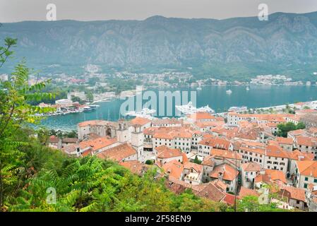 Blick über die Bucht von Kotor und die Terrakotta-Dächer der Altstadt und das ruhige kobaltblaue Wasser und die Berge dahinter. Stockfoto