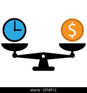 Zeit ist Geld auf Skalen Symbol. Geld und Zeit Balance Skala Zeichen. Flacher Stil. Gewichte mit Uhr und Geld Münze Symbol. Stockfoto