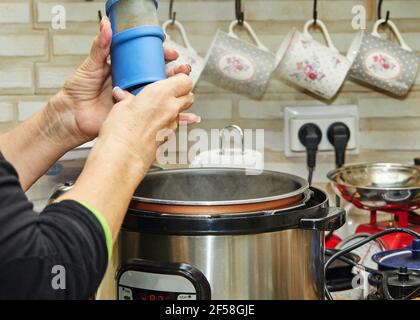 Kochen zu Hause in der Küche nach Rezept aus dem Internet. Kochen Fleisch in einem langsamen Herd, eine Frau Paprika das Fleisch. Stockfoto