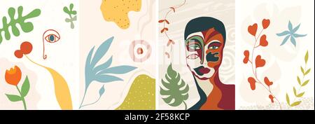 Abstrakt kreativ trendy set Design Vorlage Banner Cover Hintergrund mit Natur Blumen und Frau mit Gesichtsmaske. Für Geschichten aus sozialen Netzwerken Stock Vektor