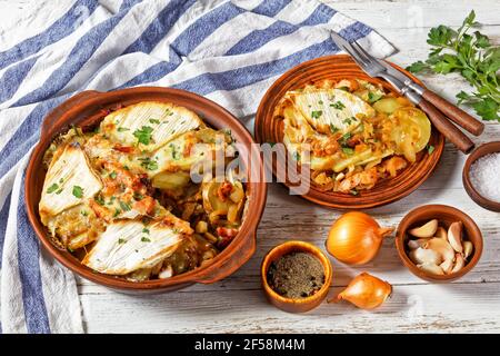 Tartiflette, French Potato, Bacon und Käse Auflauf in einer Tonplatte und eine Portion auf einem Teller, französische Küche Stockfoto