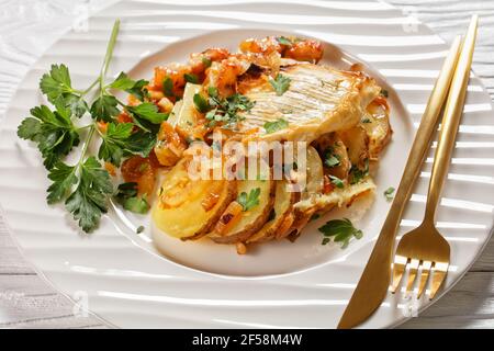 Tartiflette, französische Kartoffel, Speck und Käseauflauf auf einem weißen Teller, französische Küche Stockfoto