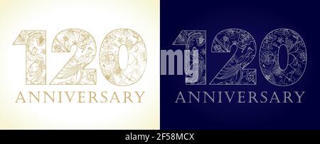 120 Jahre alter Luxus feiert Zahlen. Vorlage Gold, silberfarben Happy Anniversary Dekoration Grüße, Satz von 12 21 1st 2nd 10th 20th 12th 21 Stock Vektor
