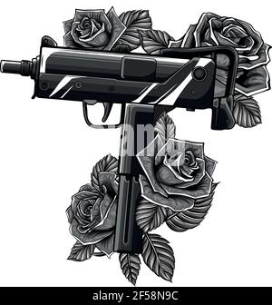 Design von Waffen Uzi mit roten Rosen Vektor Illustration Stock Vektor