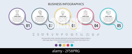 Kreise Vektor-Infografik mit 5 Schritt, Symbole. Zeitachse für Diagramm, Diagramm, Web, Banner, Workflow-Layout, Präsentationen, Flussdiagramm, Prozesse Stock Vektor