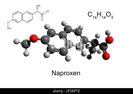 Chemische Formel, Strukturformel und 3D Ball-und-Stick-Modell von Naproxen, ein gemeinsames nicht-Steroid entzündungshemmende Medikament, weißer Hintergrund Stockfoto