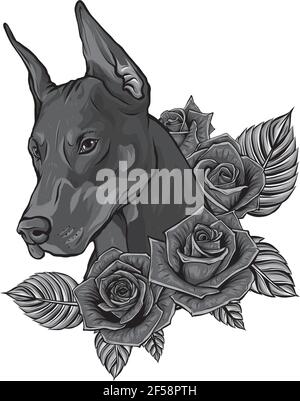 Design des Dobermann Hundegesichts mit Rosen Stock Vektor