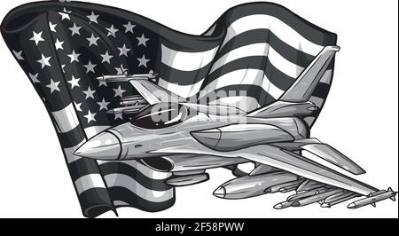 Design von militärischen Kampfjets mit amerikanischer Flagge. Vektorgrafik Stock Vektor