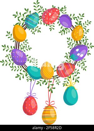Frohe Ostern. Festliche Dekoration mit Frühlingselementen und Eiern Stock Vektor