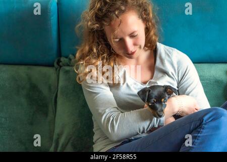 Detail einer schönen Frau mit lockigen braunen Haaren. Auf einem Sofa sitzend, lächelnd mit einem Jack Russel Terrier Welpen in ihren Armen Stockfoto