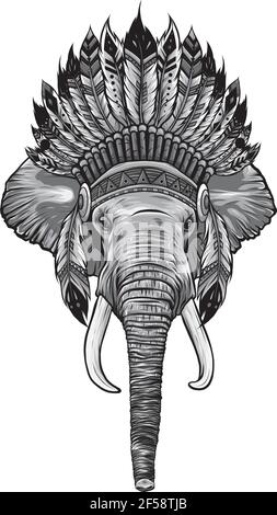 Design von Elefantenkopf mit american indian Chief Kopfschmuck. Stock Vektor