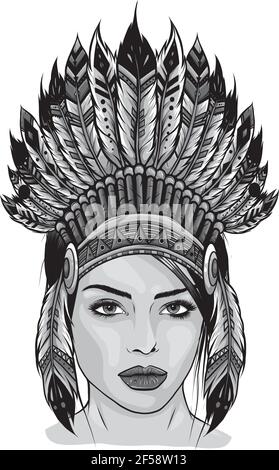 Design von schönen Mädchen in einem Kopfschmuck der nordamerikanischen Indianer. Stock Vektor