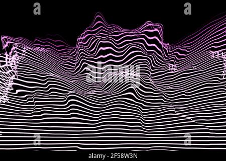 3D Illustration des Designs farbenfrohe abstrakte digitale Klangwelle auf schwarzem Hintergrund. Spracherkennung, Equalizer, Audiorecorder. Mikrofontaste Stockfoto