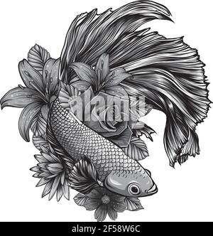 Design von Fisch betta splendens mit Blumen Vektor-Illustration Stock Vektor