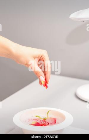 Die weiblichen Hände der Kosmetikerin bereiten das Maniküre-Bad mit Rot und Rosa vor rosenblüten auf dem Tisch im Spa Stockfoto