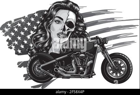 vektor-Illustration vintage Chopper Motorrad mit Frau Gesicht und amerikaner Alarmmeldung Stock Vektor