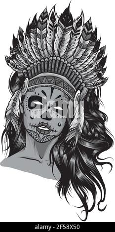 Design von schönen Mädchen in einem Kopfschmuck der nordamerikanischen Indianer. Stock Vektor
