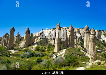 Typische Feenkamine, erodierte Sandsteinfelsen im Tal der Liebe, in der Nähe der Städte Göreme und Çavusin. Kappadokien. Zentralanatolien.Türkei Stockfoto