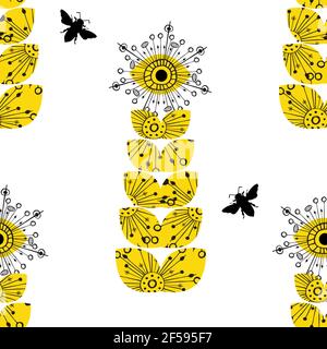Abstrakte Löwenzahn Samen und Honigbienen nahtlose Vektor-Muster Hintergrund.stilisiert Volkskunst Mischung aus herbacious Gartenblumen und Insekten gelb Weiß Stock Vektor