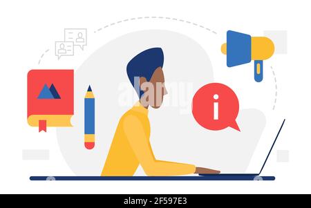 Digitales Marketing Web-Konzept, Mann sitzt mit Laptop und Megaphon Massenförderung Stock Vektor