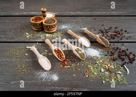 Verschiedene Gewürze und in Holzlöffel. Flacher Gewürzlack Zutaten Chili, Salz, himalaya-Salz, herzhaft und schwarzer Pfeffer auf grauem Holzbrett. Stockfoto