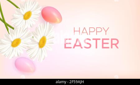 Osterhintergrund mit realistischen Ostereiern, Gänseblümchen und Inschrift Frohe Ostern. Vektorgrafik Stock Vektor