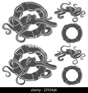 Set von Illustrationen mit Oktopus in einer Rettungsboje. Vektor isolierte Objekte auf weißem Hintergrund. Stock Vektor