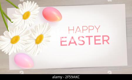 Osterzusammensetzung mit realistischen Eiern, Gänseblümchen auf Holzhintergrund. Osterhintergrund von Frühlingsblumen mit Papierkarte und Inschrift Happy Easter Stock Vektor