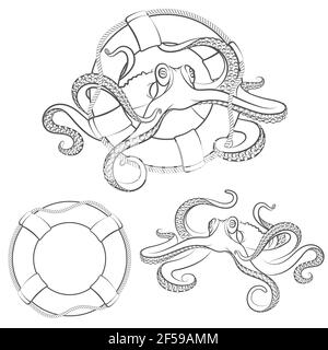 Krake in einer Rettungsboje. Vektor isolierte Objekte auf weißem Hintergrund. Stock Vektor