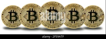 Bitcoin Krypto Währung online bezahlen digitales Geld Kryptowährung Geschäft Finanzen isoliert auf weiß in einer Reihe Bit-Münze Stockfoto