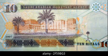 Saudi Arabia10 riyals Banknote, der Saudi riyal ist die Währung von Saudi-Arabien, selektiver Fokus von Saudi-Königreich zehn riyals Bargeld mit dem König Foto Stockfoto