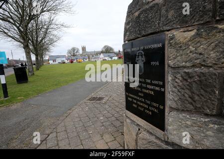 Sanquhar, Dumfries & Galloway, Schottland, Großbritannien. März 2021, 22. Cairn anlässlich des 400th-jährigen Jubiläums der Königlichen Charta zum Gedenken an den Besuch der Königlichen Hoheit Prinzessin Royal Stockfoto