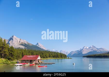 Geographie / Reisen, Kanada, Jasper Badun Nationalpark, Malign Lake Boat House, Additional-Rights-Clearance-Info-not-available Stockfoto