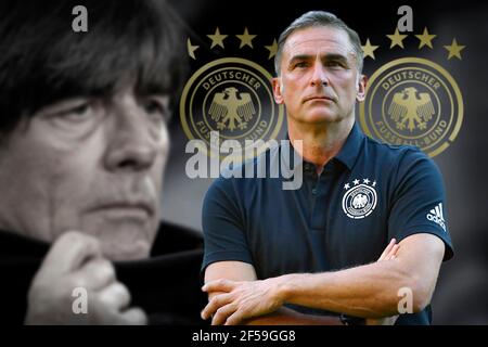 München, Deutschland. März 2021, 10th. FOTOMONTAGE: Joachim Loew: Nach der Fußball-Europameisterschaft 2021 tritt er von seinem Amt als Nationaltrainer zurück. Stefan KUNTZ wäre nicht abgeneigt, Nationaltrainer zu werden. ¬ Nutzung weltweit Credit: dpa/Alamy Live News Stockfoto