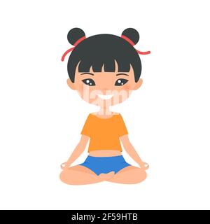 Nette chinesische chibi Mädchen tun Yoga, isoliert auf weißem Hintergrund. Flacher Cartoon-Stil. Vektorgrafik Stockfoto