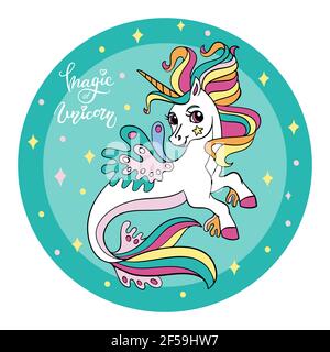 Niedliche Cartoon Meer Einhorn mit Regenbogen Mähne. Vektordarstellung Kreisform auf grünem Hintergrund. Für Party, drucken, Baby-Dusche, Tapete, Design, De Stock Vektor