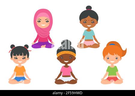 Set von niedlichen Chibi Mädchen aus verschiedenen Nationalitäten, die Yoga machen. Isoliert auf weißem Hintergrund. Flacher Cartoon-Stil. Vektorgrafik Stockfoto