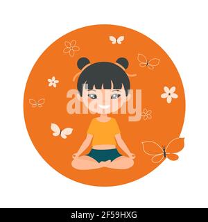 Nette chinesische chibi Mädchen tun Yoga auf orangenen Hintergrund. Flacher Cartoon-Stil. Vektorgrafik Stockfoto